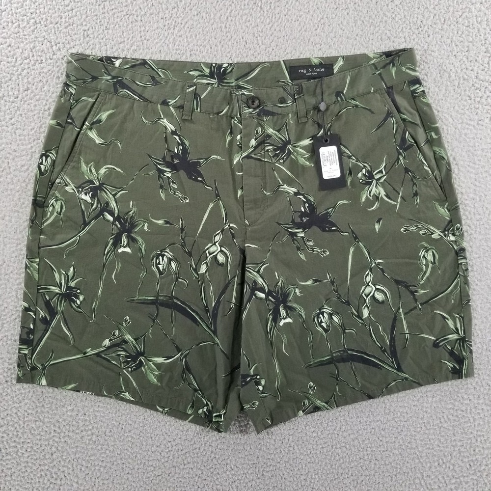 Rag & Bone Shorts Mens 40 Green Army Floral Ripstop Chino Perry Flat Front Zip